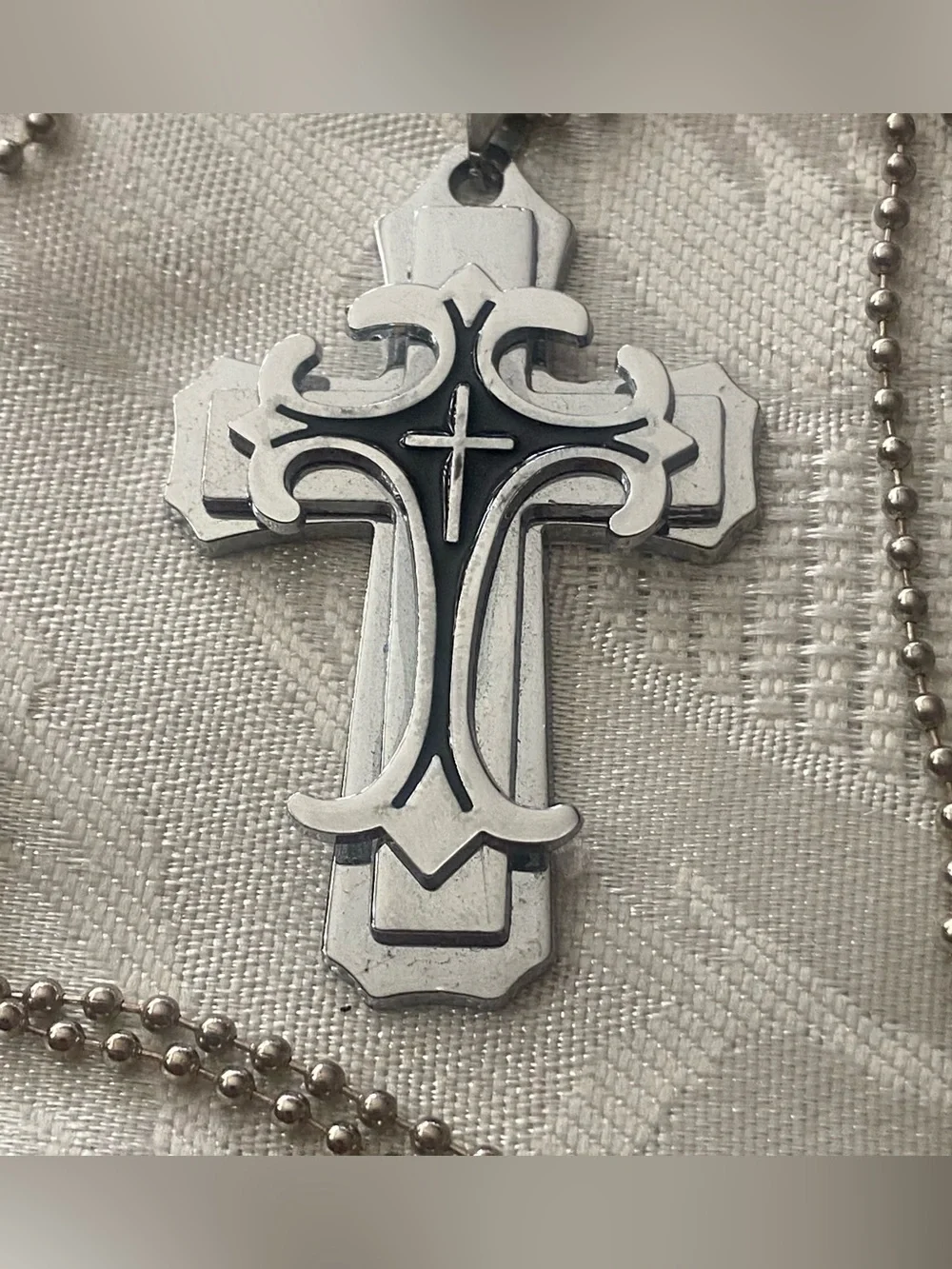 22” Necklace Cross Pendant 2.25”H Silver Tone & Black Stainless Steel Goth